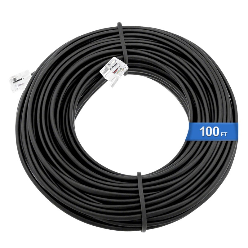 Uvital كابل خط تمديد الهاتف، 100 قدم أسود طويل، كابل هاتف RJ11 6P4C للخط الأرضي/آلة الفاكس/المنزل/المكتب - Image 1